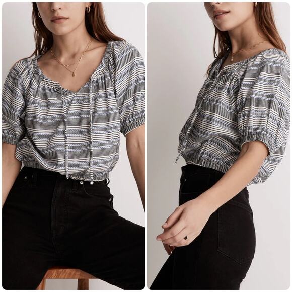 Madewell Jacquard Keyhole Crop Top in Stripe Tranquil Ocean - Picture 1 of 15
